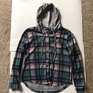 Plaid button down hoodie with grey hood